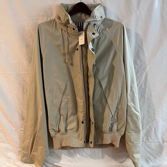 VTG NWT Nautica Jacket Mens Beige Full Zip Stripe Lining Hidden Hood 90s Large - Picture 1 of 7
